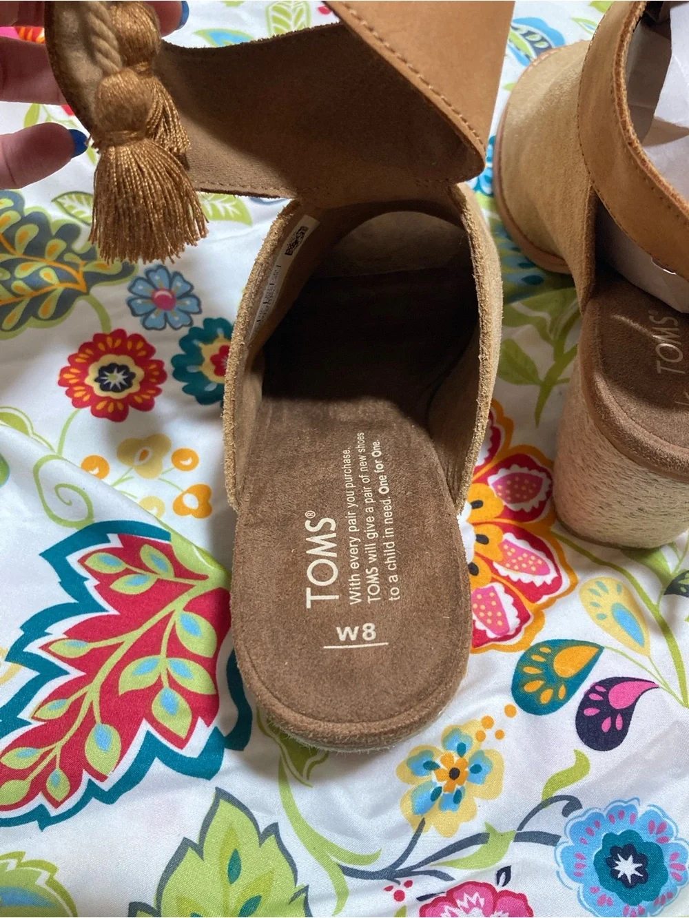TOMS Women's Size 8M Tan Suede Peep Toe Block Heel Seville Espadrilles